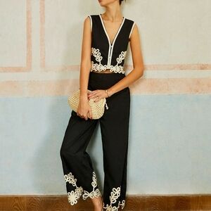 Commense Casual Embroidery Sleeveless Zipper Pants Set Medium